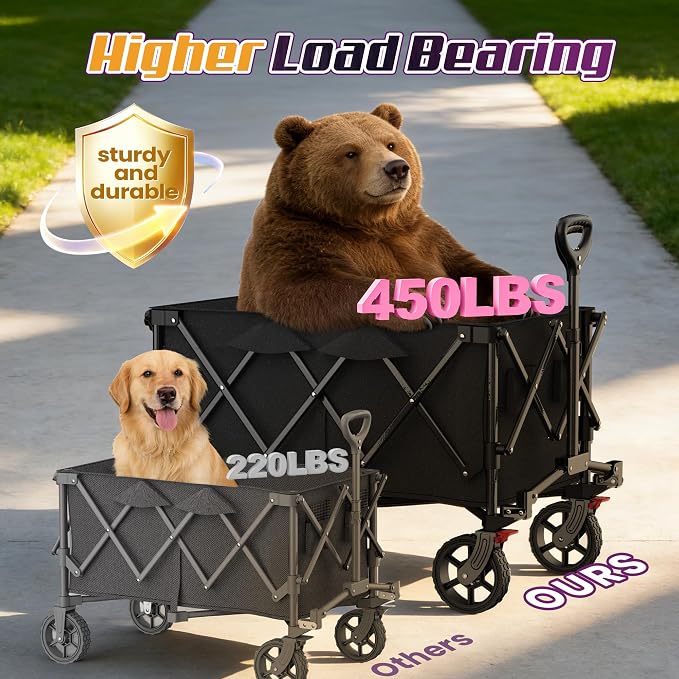 Wagons Carts Foldable,Collapsible Wagon with Wheels,450LBS Heavy Duty Beach Wagon Cart,Lightweight Portable Folding Utility Wagon Cart with Cup Holders for Camping, Garden, Sports, Grocery pcs (Pink)