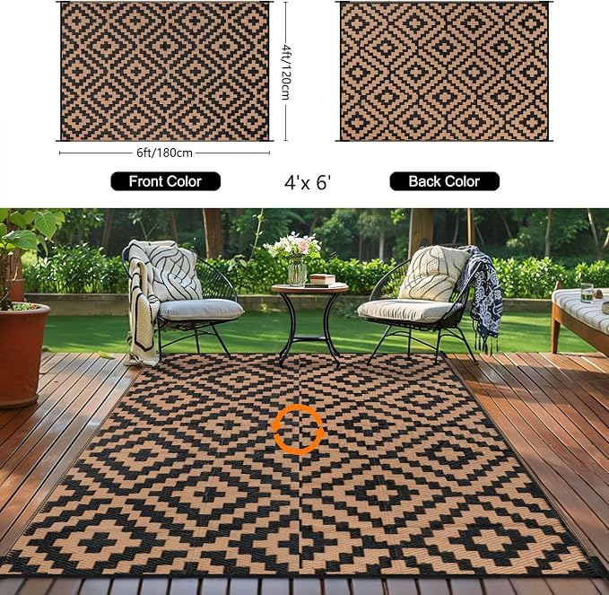 Outdoor Patio Plastic Straw Rug - 4x6 ft Outdoor Camping Rug Waterproof Reversible, Area Carpet Patios RV, Outside Porch Balcony Deck for Camper, Black & Brown