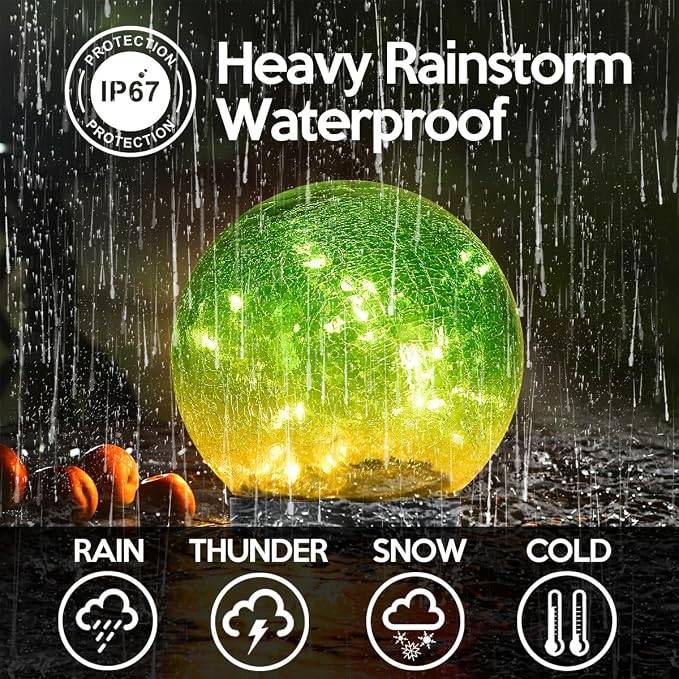 Outdoor Waterproof IP65 Solar Globe Lights, Led Solar Light Balls for Lawn Garden Patio Table Art Decoration, Yard Landscape Illuminated Cracked Glass Sphere Gazing Ball Lights, Round Ornaments Orbs