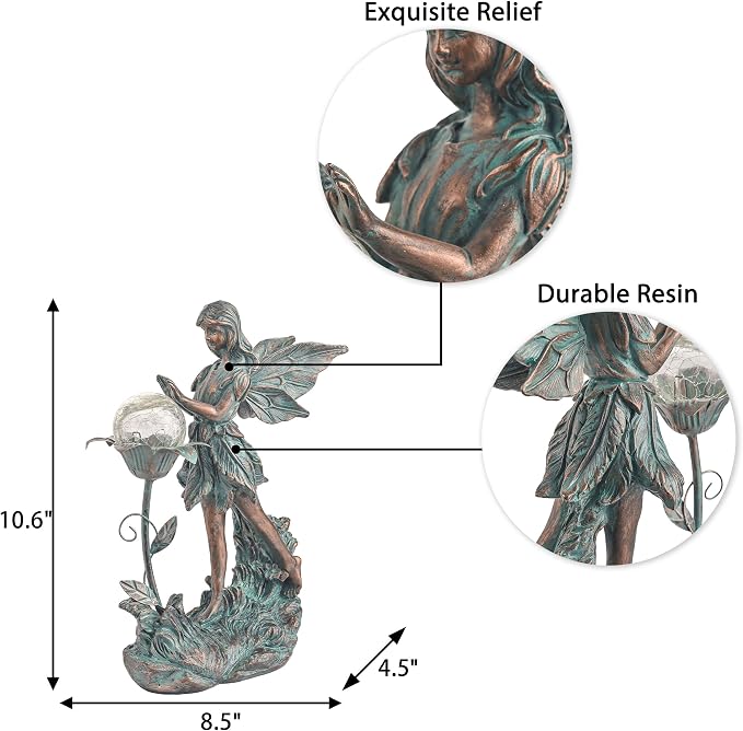 TERESA'S COLLECTIONS Garden Fairy Large Bronze Garden Sculptures & Statues Resin with Solar Outdoor Light, Valentines Decorations Lawn Ornaments for Outdoor Decor, Gifts for Women Mom, 11"
