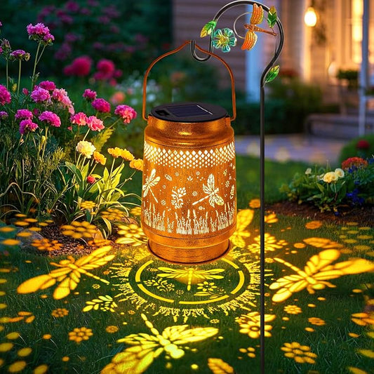 Dragonfly Solar Lanterns Outdoor with Shepherd Hook, Birthday Gift Mothers Day Gift for Women Mom Grandma Wife Daughter, Waterproof LED Hanging Lights, Decor for Yard Garden Patio Porch Lawn Tabletop