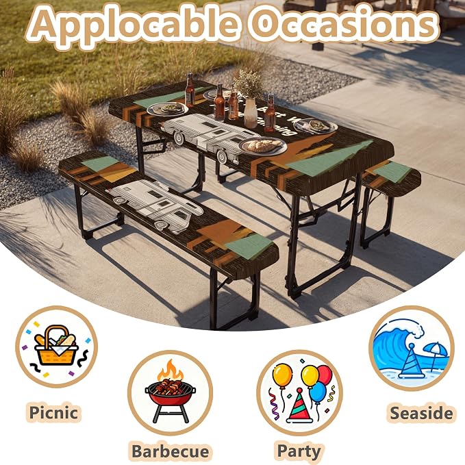 Picnic Table Cover with Bench Covers Elastic Edges, Outdoor Patio Camping Essentials 72 Inch 3PCS, Waterproof Camping Fitted Tablecloth with Handbags (Life is Best When You're Camping)
