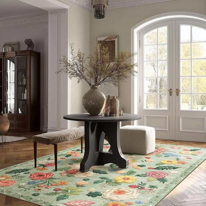 5x7 Area Rugs for Living Room: Washable Bedroom Rug Non Slip Low Pile Soft Faux Wool Non Shedding Lightweight Distressed Vintage Green Floral Large Carpet for Dining Room Entryway Farmhouse Office