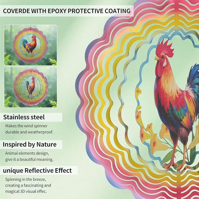 Wind Spinners Outdoor Chicken - Birthday Gifts for Women Mom, Hanging Wind Sculptures Wind Spinners, 12 inch 3D Wind Spinner for Garden Decor for Outside, Garden, Patio, Yard