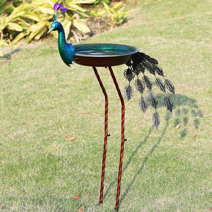 36" H Peacock Bird Baths for Outdoor, Metal Bird Feeder Seed Trayr,Outdoor Bird Bath,Garden Lawn Yard Decor