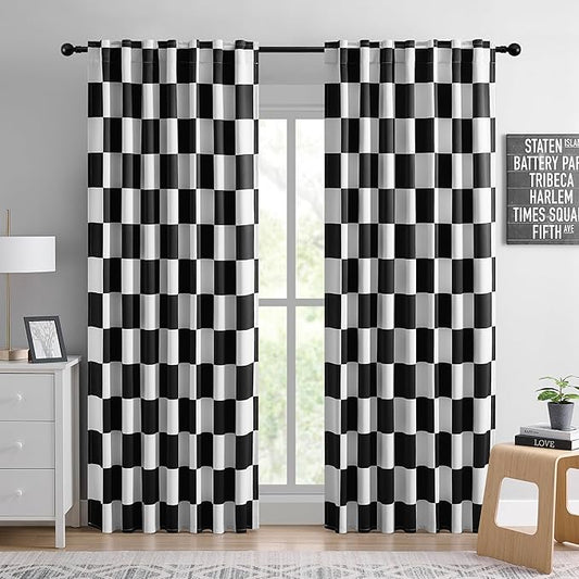 Rod Pocket & Back Tab Curtains, Race car Flag Checkered Curtains,100% Blackout, Thermal Insulated Noise Reducing Drapes for Bedroom, Black and White Curtains, 2 Panels, Each W52×L84