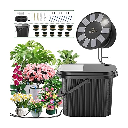 Solar Drip Irrigation System Kit,TRJZWA Solar Powered Auto Plant Watering Device with 10 Pack Plastic Plant Pots(4.5’/6’) & 3.5 Gallons Handy Bucket for Carry