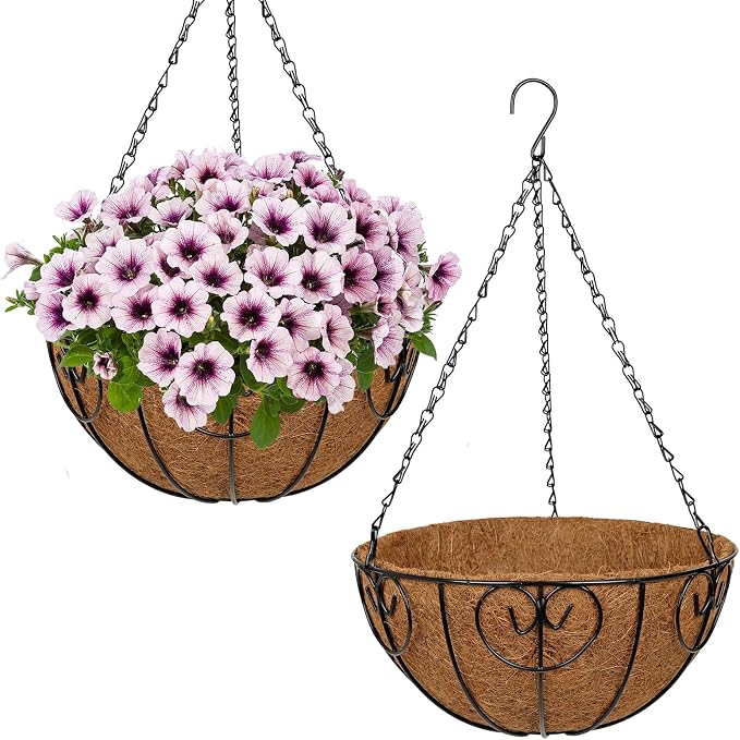 12 inch Metal Hanging Baskets for Plants Outdoor, 2 Pack Metal Wire Hanging Basket Planter with Coco Liner Flower Pots for Indoor Outdoor Garden Porch Patio, Heart-Shaped