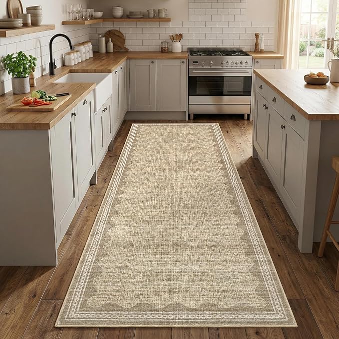 GarveeHome 2.5x8 Runner Rug for Hallway Washable Kitchen Rugs Non Slip Solid Tan Jute Digital Printing Modern Soft Low-Pile Scalloped Indoor Carpet for Entryway Laundry Room Floor Mats