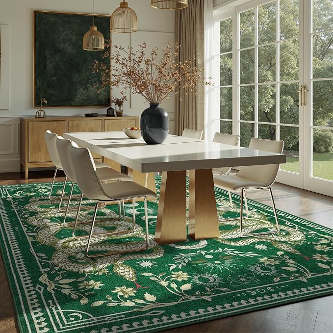 DCX 8x10 Washable Snake Rug for Living Room, Non Slip Low Pile Rug, Green | Rugs for bedroom, dining room, office, soft, gothic rug, sain resistant indoor carpet, home decor