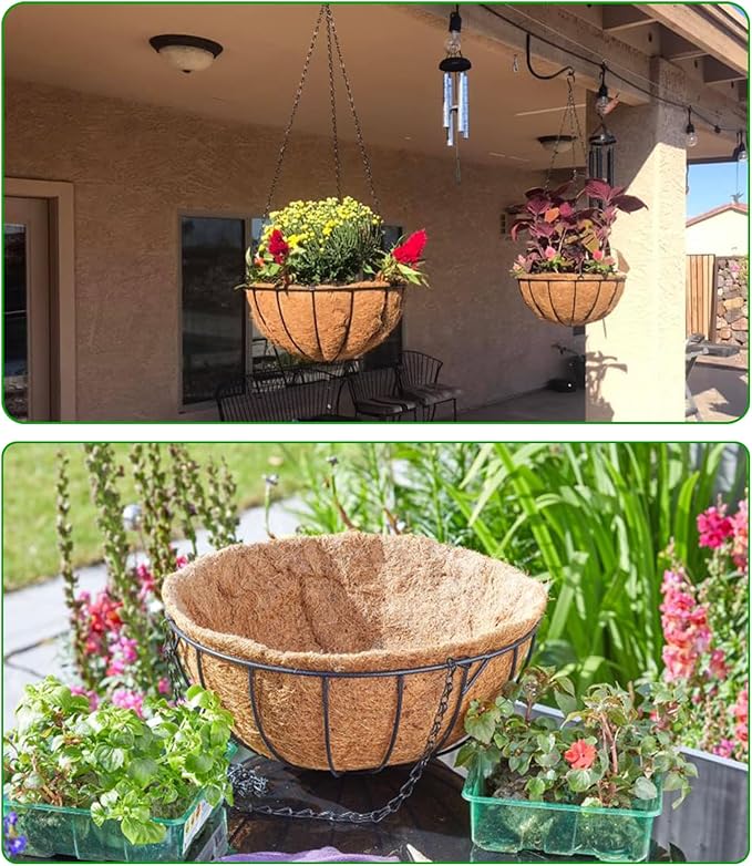 LCHUANG Hanging Baskets Planter for Plants - 4 Pack 14 Inch Metal Baskets with Coco Coir Liner, Hanging Flower Pots for Outside with Chain, Indoor Outdoor Garden Porch Decoration (14'' Pack of 4)