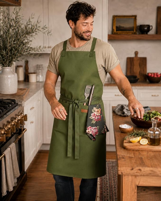 100% Cotton Kitchen Apron with 2 Pockets – Adjustable Chef Apron for Cooking Baking BBQ – Unisex Apron