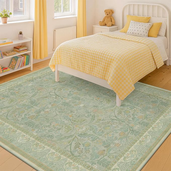 5x8 Sage Green Nursery Area Rug Non Slip, Soft Washable Rugs for Living Room, Bedroom, Kids Room, Playroom, Dorm, Mint Green Accent French Country Cottage Core Style Decor Indoor Carpet