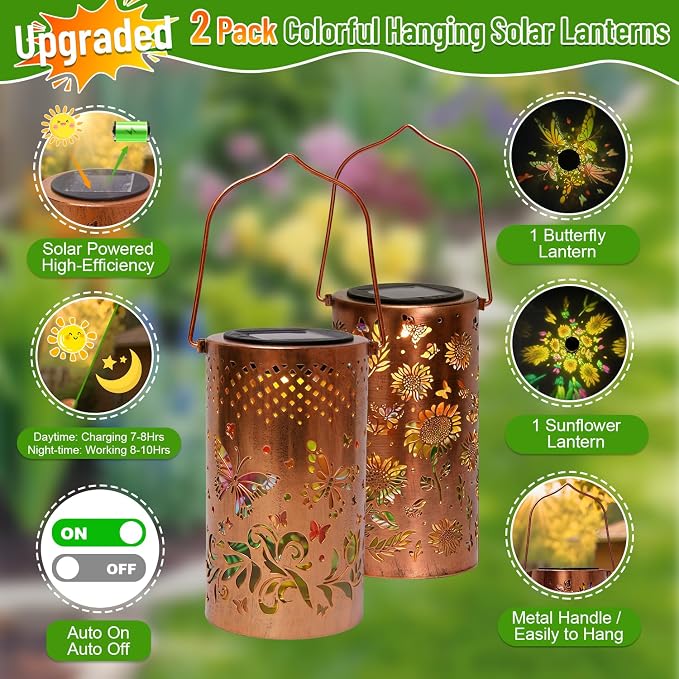 2 Pack Colorful Solar Lanterns Outdoor Waterproof - [Sunflower + Butterfly] - Decorative Outdoor Solar Hanging Lanterns for Porch Courtyard Table Path Garden Decor, Gifts for Mom Wife Grandma Women