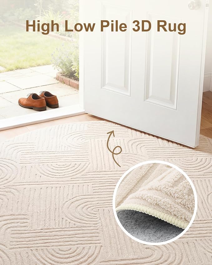 Carvapet 6.5ft Round Area Rug Beige Abstract Washable High Low Pile Carpet | Soft plush textured rug with non slip backing for living rooms, bedrooms, nurseries and cozy indoor spaces