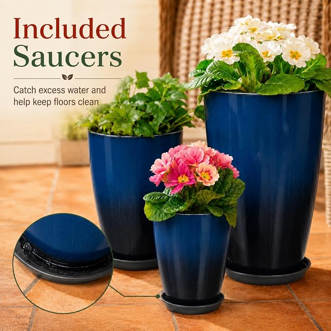 Neoaider Set of 3 Tall Planter, 24/21/12in Large Plastic Planter, Dark Blue | Ceramic-Look, Lightweight, Built-in Drain Hole, Saucers, Tall Outdoor Planter for Porch, Garden, Patio, Balcony