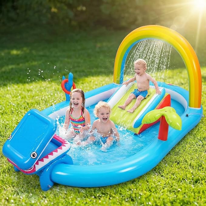 Whubefy Inflatable Kids Play Center Outdoor/Indoor 98 × 64 × 39 in Kid Pool Slide, with Water Sprayer, Waterfall, and Ocean Ball, Multicolor (Without Blower)