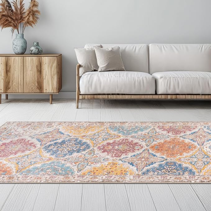 Moroccan Vintage Distressed Geometric Colorful 2.7x10 Runner Rug | Boho Floral Washable Non Slip Throw Floor Long Carpet Runner for Hallway Entryway Kitchen Bathroom Bedroom Livingroom Rug