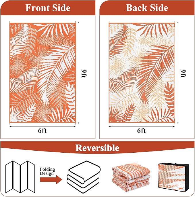 Outdoor Patio Rug, 6'x9' Plastic Straw Waterproof Mat, Reversible Camping Rug for RV Outside,Colorful Outside Layering Rug for Patios, Backyard, Deck, Balcony,Beach, Orange & White