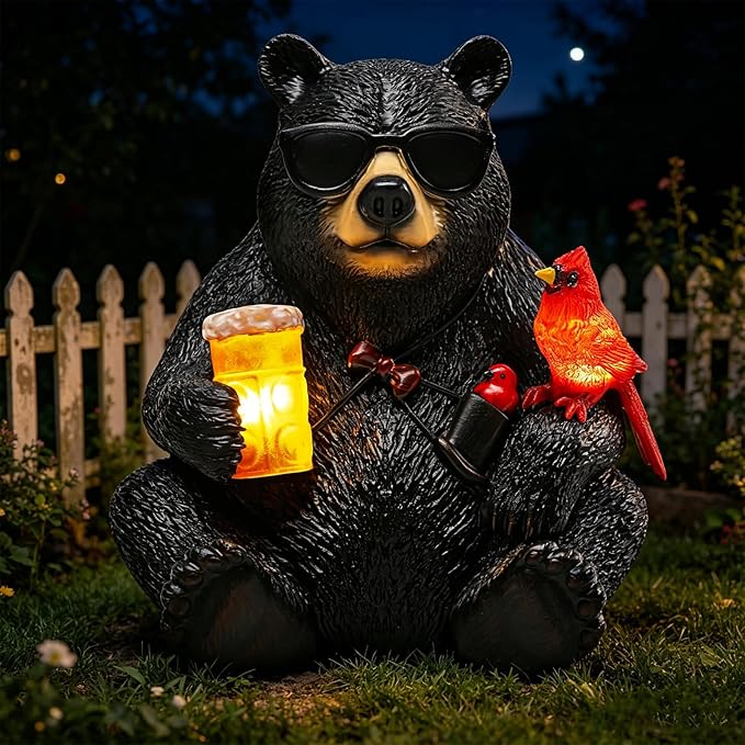 Solar Black Bear Statue for Garden with Beer and Cardinals 6.3" Resin Garden Statues for Outside Yard Paito Porch Decor Birthday Gardening Gifts for Women Mother Sister Grandmother Wife