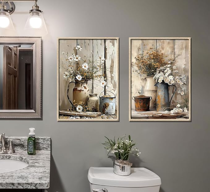 Rustic Farmhouse Daisy Canvas Wall Art Vintage Country Floral Posters Print Flower Still Life Botanical Pictures Painting White Jasmine Flowers And Rust Color Watering Can Wall Decor Unramed