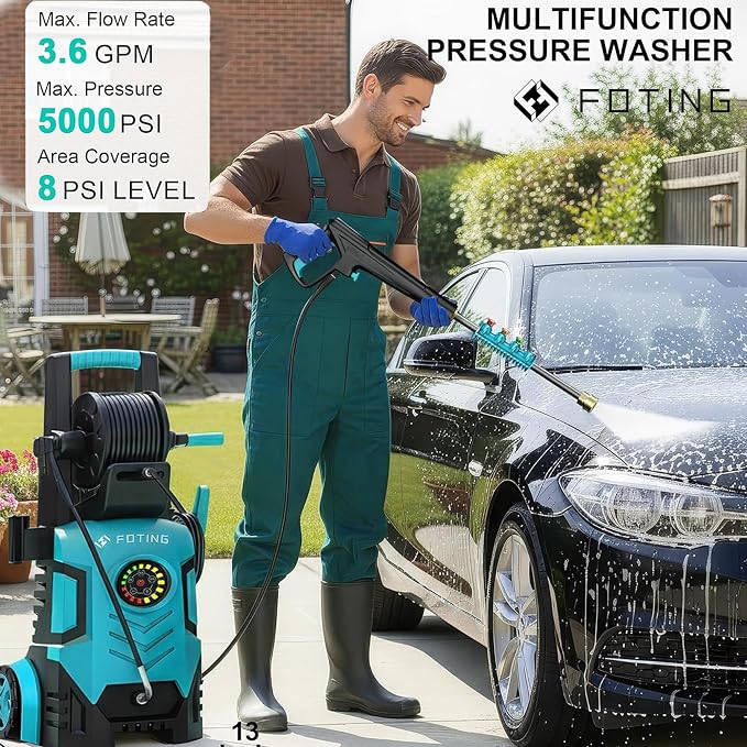 2026New Pressure Power Washer 5000PSI with Adjustable Touch Screen 8 Level, 34" Tall, 4 Quick Connect Nozzles,Inlet Hose&Filter&500mlFoam Cannon for Cars/Fences/Driveways/Home Cleaning (Blue)