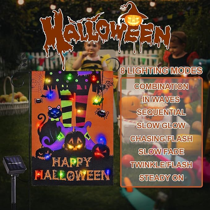 Halloween Lighted Garden Flag,Solar Outdoor Decor Yard Flag,8 Modes Led Witch Feet Shape Flag,12x18 Double Sided Cauldron Eyeball Black Cat Decorations for Home Porch