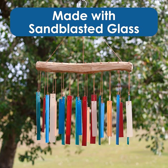 Blue Handworks Rectangle Glass Wind Chime Retro | Colorful Handcrafted Sandblasted Glass Wind Chime with Found Wood