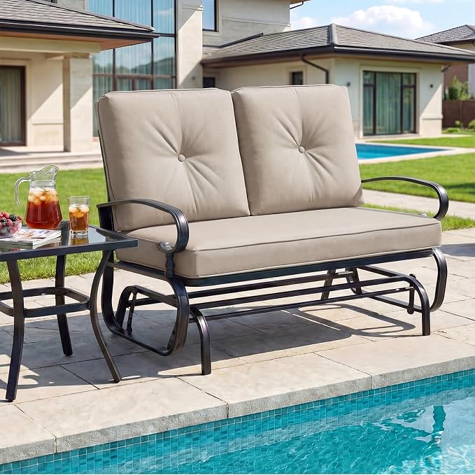 Giantex Outdoor Glider Bench, Patio Loveseat with Cushions, 440 Lbs Capacity, 2-Person Outdoor Rocking Chair, Porch Glider Swing for Garden, Backyard, Poolside, Patio Seating Rocker (Beige)