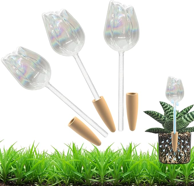 HyJeryty Non-Clogging Iridescent 3 Pack Tulip Plant Watering Globes with Terracotta Spikes, Hand Blown Glass Self Watering Planter Insert Plant Watering Devices Bulbs for Indoor and Outdoor Plants