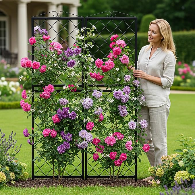 SUNYRISY 2Pack Metal Garden Trellis for Climbing Plants Outdoor, 71x20in Metal Plant Support for Flowers Tomato Cucumber Rose Vegetable Garden Courtyards Lawns Decoration