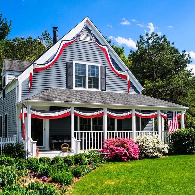 Patriotic Bunting Decorations Indoor Outdoor 2x20 Ft Red White & Blue Stripe Banners Patriotic Decorations American Flags for Outside Home Garden Fence Porch,USA Patriotic Flag Bunting Presidents Day Decoration.