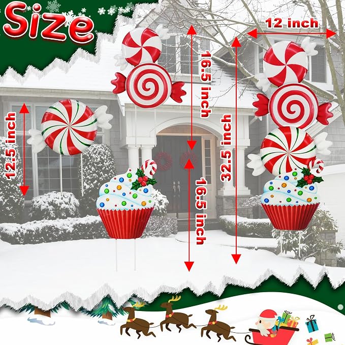 3 Pack Metal Christmas Yard Signs Decor for Multiple Stacked,Voumsil Christmas Yard Stakes with Candy Fall Yard Decor for Outside Garden Yard Lawn Porch