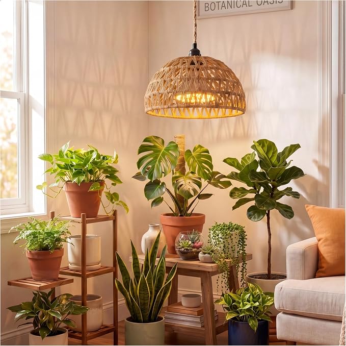 Boho Decorative Hanging Grow Light, Pendant Plant Light for Indoor Plants, Ceiling Grow Lamp with 24H Timer for Plant Corner Bedroom Living Room