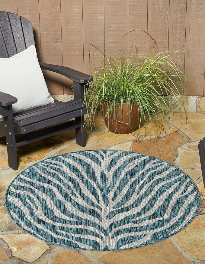 Unique Loom Outdoor Safari Collection Area Rug - Tsavo (10' Round, Teal/ Ivory)