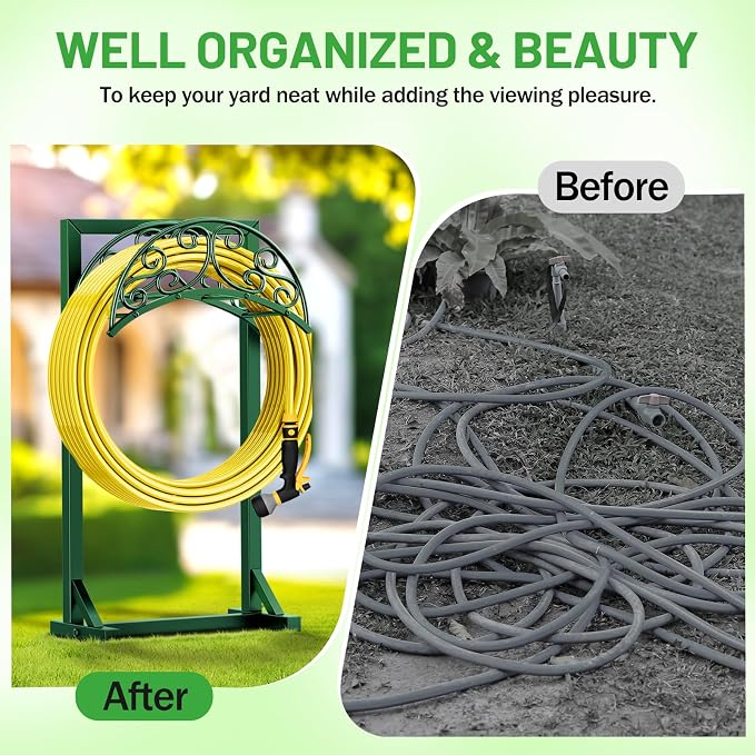 Garden Hose Holder - Upgraded Water Hose Holders for Outside with 5 Spikes & 2 Shepherds Hooks, Freestanding Hose Stand Hose Hanger Hose Storage Hose Reel Rack for Yard Lawn(Green)
