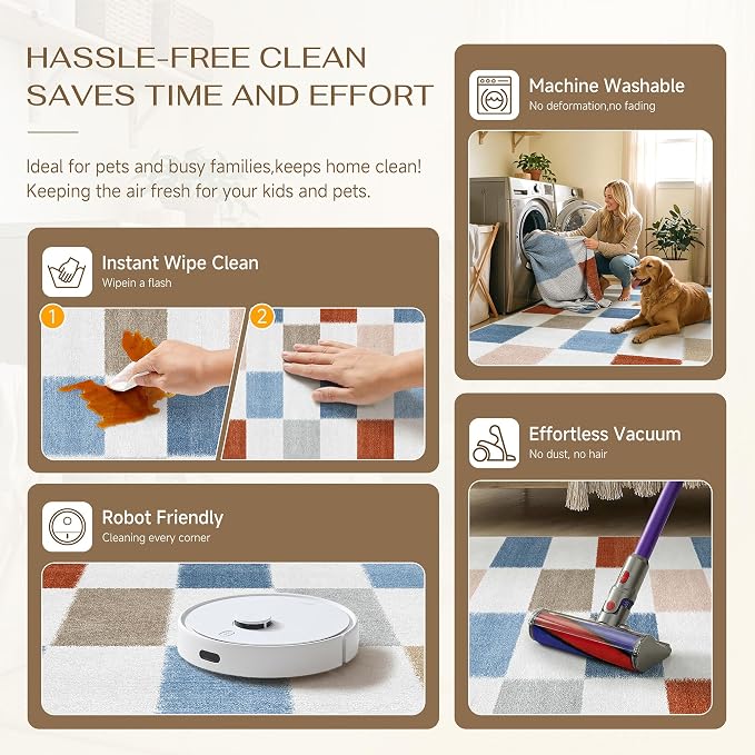 9x12 Washable Area Rug Living Room Colorful Large Non Slip Carpet | Soft, Low Pile, Modern, Pet Friendly, Indoor Rugs for Bedroom, Office, Nursery, Dining Room, Kids Room
