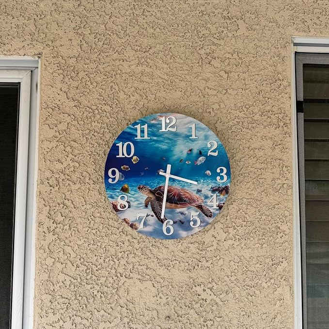 Yoiolclc Outdoor Clock Waterproof Ocean Nautical Wall Clocks for Patio Pool Garden Bathroom Home Decor(12 Inch,Blue,Sea Turtle)