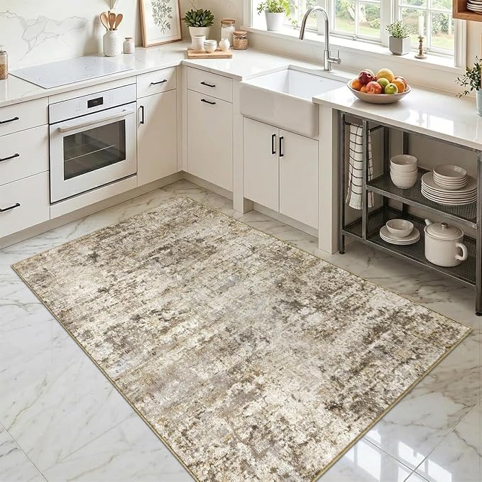 Abstract Area Rug 3x5 Ft Washable Rugs for Entryway Indoor | Brown Non Slip Kitchen Rug Printed Faux Wool Throw Rugs, Neutral Modern Indoor Mat for Entrance Bedroom Office Home Decor