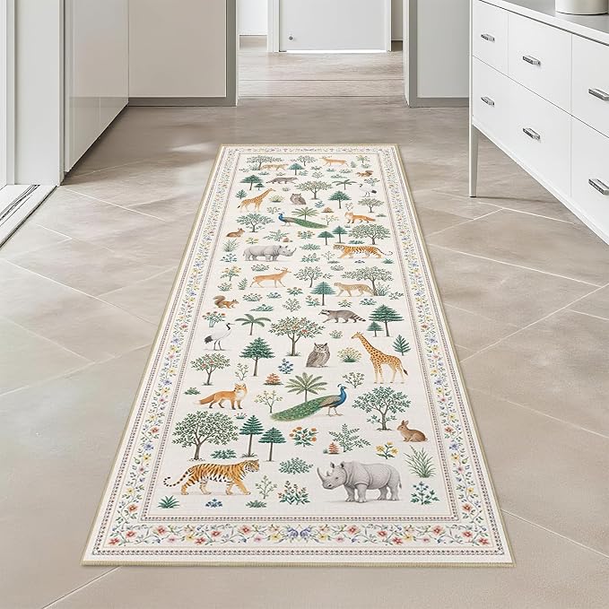 Jungle Animal Runner Rug 2x6 for Hallway Kitchen Bedroom Neutral Beige Wild Animal Forest Runner Rugs Machine Washable Non-Slip Print Low Pile Long Floor Carpet for Nursery Entryway Playroom Bathroom