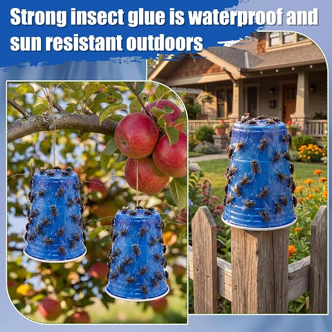 Insect Trap Sticky Coating with Brush and 12 Pcs Plastic Cups, 8 oz Insect Barrier Kit Outdoor DIY Adhesive Coating Pests for Gardens Greenhouses Orchards Plants(Deer Fly Trap Kit)
