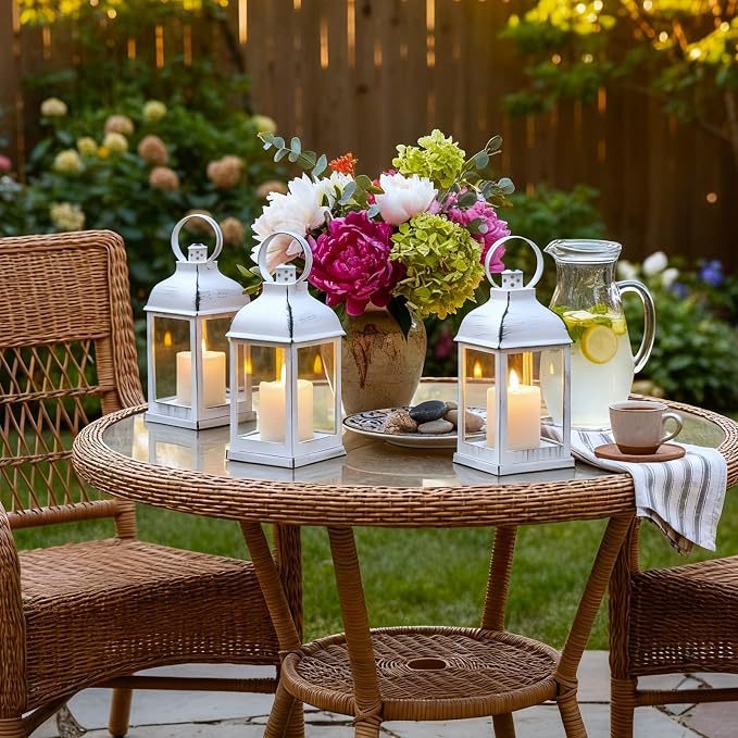 White Vintage Lantern Decorative LED Flickering Flameless Candle with Timer, Battery Powered LED Decorative Hanging Lanterns for Indoor Outdoor Wedding Garden Yard Home Decor(4 Pack)