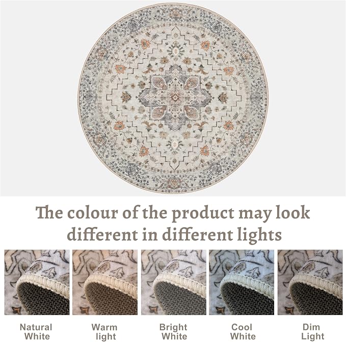 Tangsoo Vintage Round Rug 4ft Washable Circle Rug, Non Slip Small Boho Round Rug, Low Pile Circular Rugs, Round Carpet for Bedroom,Entryway,Nursery,Dorm,Kitchen,Grey