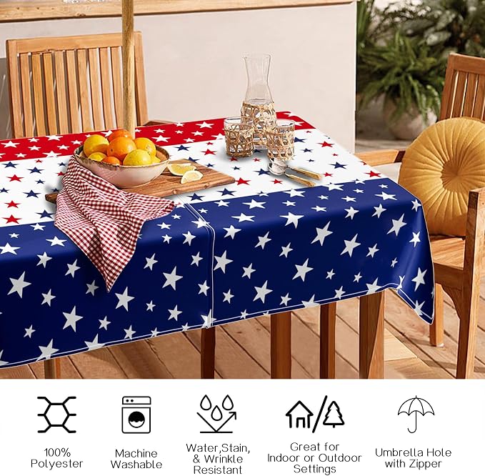 Outdoor Tablecloth with Umbrella Hole and Zipper, Rectangle Patio Table Covers for Spring/Summer, Machine Washable Outdoor Picnic Table Cloth (Star Stripes, 60" × 84" Rectangular)
