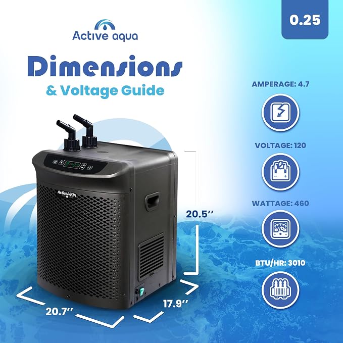 Active Aqua Hydroponic Water Chiller, 0.25 HP, Pure Titanium, 40-92 Gallon | Portable Cooling System with Boost Function for Aquaponics, Cold Plunge Baths & Aquariums, Evaporator Cooler for Reservoirs