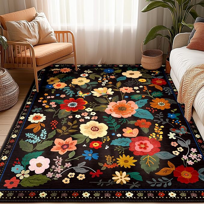 RELEANY Floral Washable 4x6 Area Rugs Black | Flower Carpet, Print, Boho, Non-Slip, Easy to Clean, Soft, Low Pile for Living Room Bedroom Kitchen Office Entryway Hallway