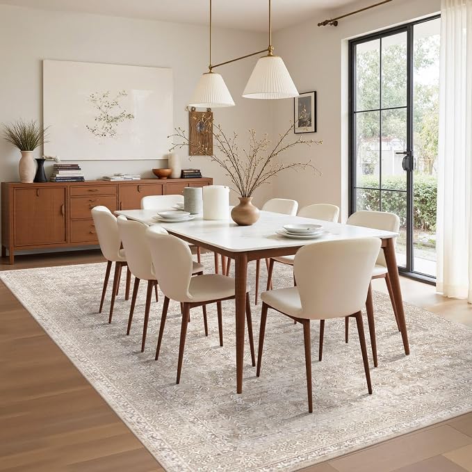Latte&Fog 6x9 Beige Rugs for Living Room Large Netural Area Rug for Bedroom | for Dining Kitchen Kids Playroom Nursery Classroom Dorm Farmhouse Office, Non Slip Low Pile Soft Floral Vintage Indoor Carpet
