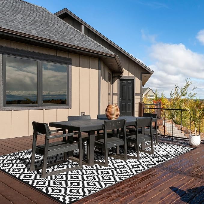 Outdoor Patio Plastic Straw Rug - 8x10 ft Outdoor Camping Rug Waterproof Reversible, Area Carpet Patios Clearance RV, Outside Porch Balcony Deck for Camper, Black & White