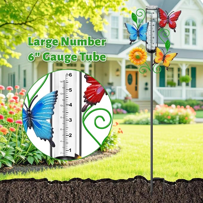 35.4" Butterfly Rain Gauge Outdoor, Metal Rain Gauges Stake with 6“ Glass Tube, Decorative Rain Gauges for Yard Garden Lawn for Precipitation Measurement