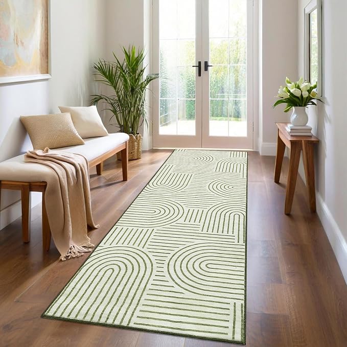 ROYHOME Modern 2x6 Hallway Runner Rug Non Slip Washable Kitchen Rug, Green | Abstract Bath Mat, Rainbow Geometric Runners Rugs for Bedroom, Soft Long Rugs for Entryway Arch Pattern Bathroom Laundry Dorm